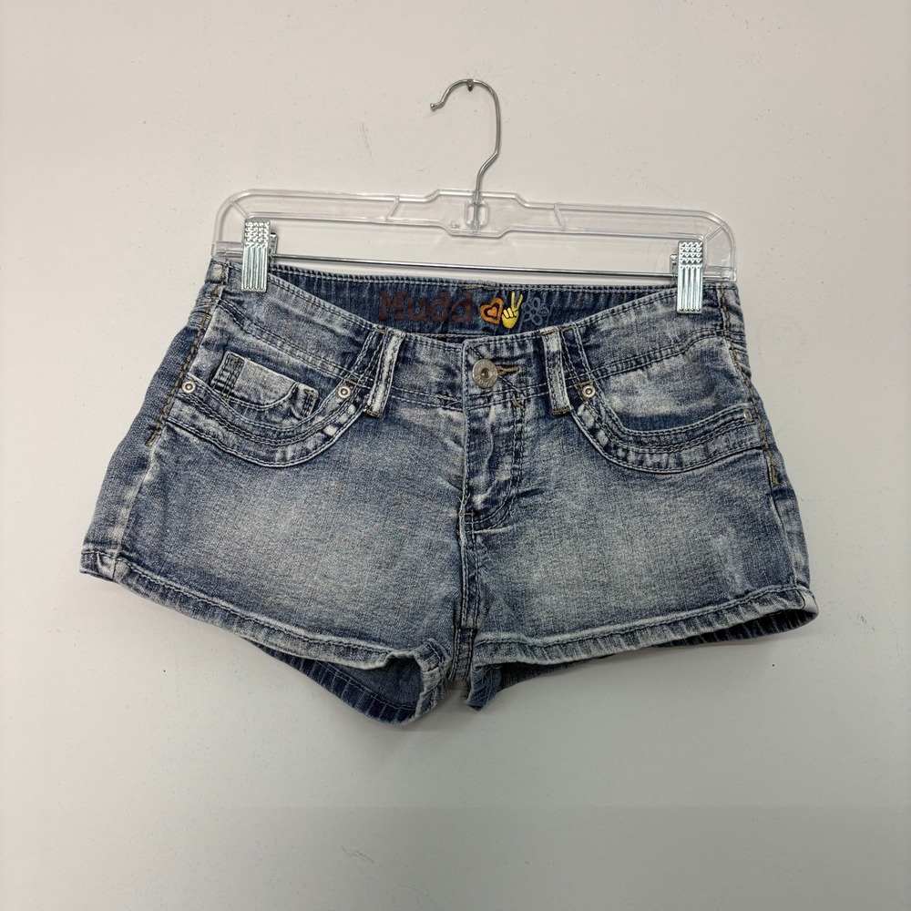 Vtg Mudd Low Rise Denim Micro Mini Shorts Size 7 Acid Wash Y2K Studded McBling